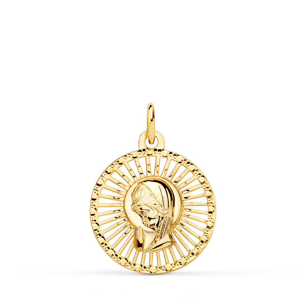 18K gult gullmedalje Jomfrujente med gjennombruddskant 20X18 mm