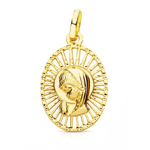 18K Yellow Gold Medal Virgin Girl with Openwork Border 22X14 mm