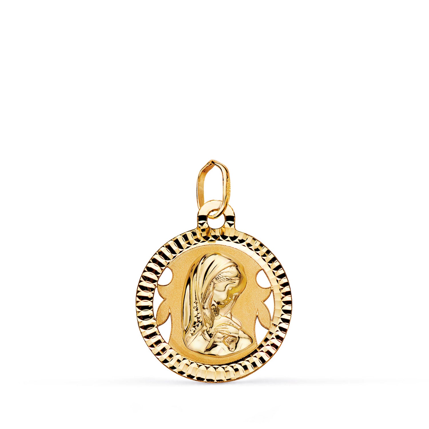Médaille Or Jaune 9K Vierge Fille Ronde Sculptée Mate et Brillante Mesure : 16 mm