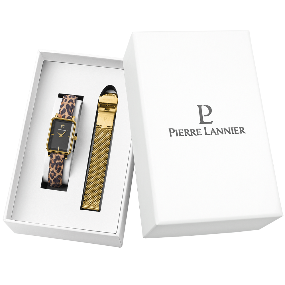 Montre femme Pierre Lannier ARIANE 166F539 – cadran noir bracelet cuir imprimé léopard – vue de face