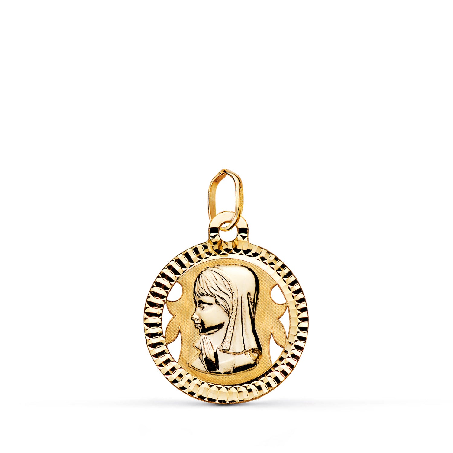 Médaille Or Jaune 18K Vierge Fille Ronde Sculptée Mate et Brillante Mesure : 16 mm
