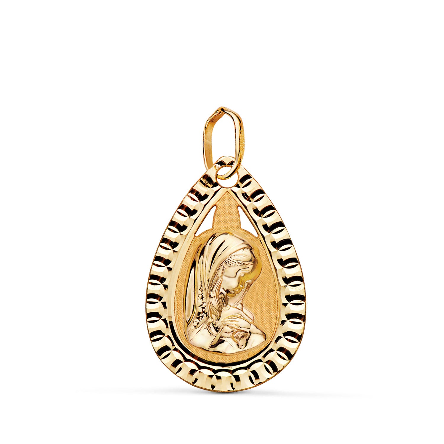 Dropmedalj i 18K gult guld med Virgin Girl och snidad kant 20X13 mm