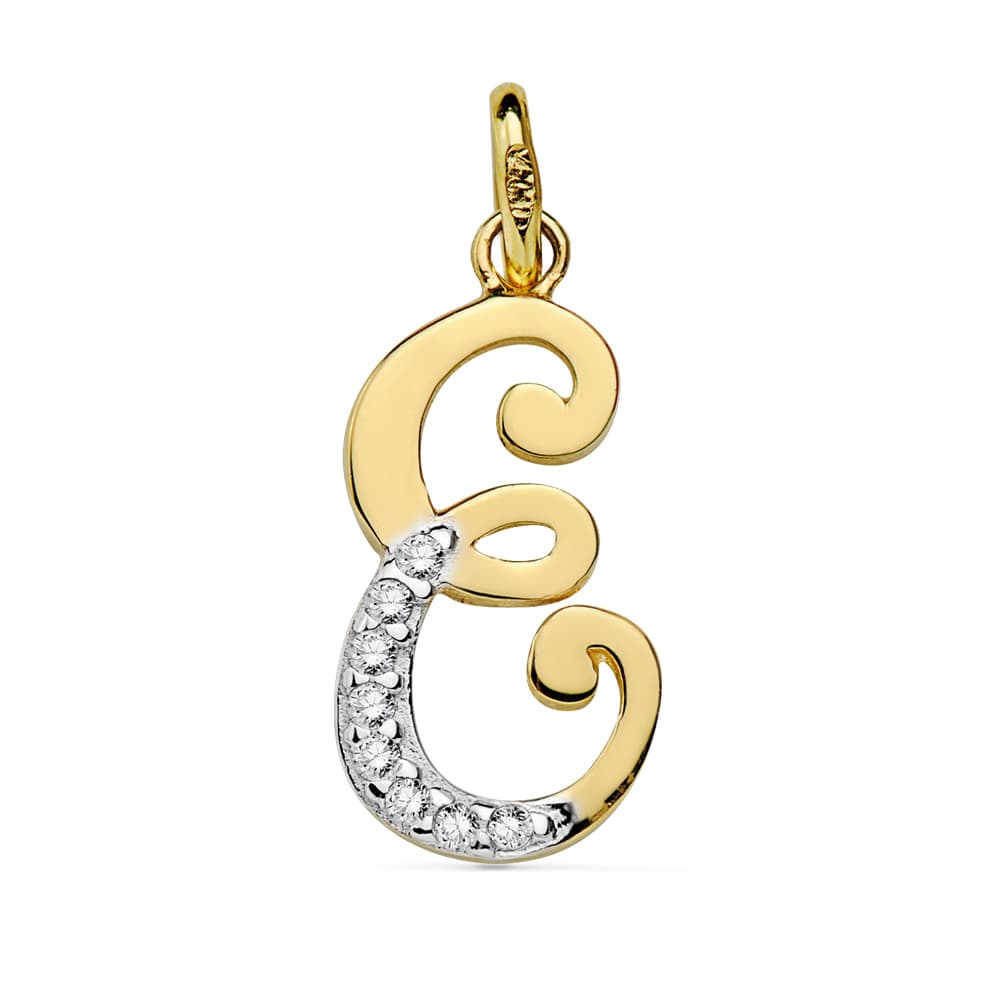 Pendentif Or Jaune 9K Initial E Zircon 17X8 mm