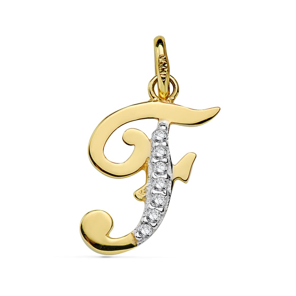 Pendentif Or Bicolore 18K Initial F Zircon 16X12 mm