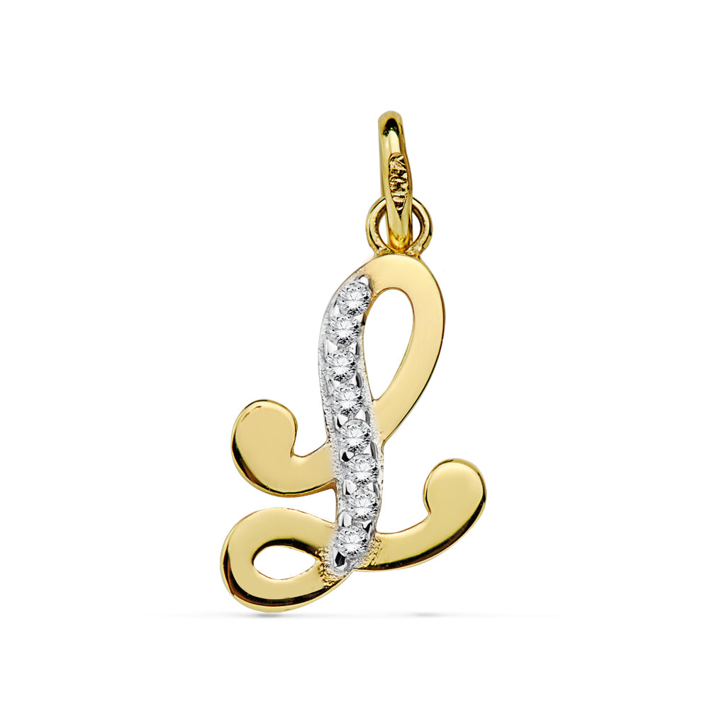 Pendentif Or Bicolore 18K Initial L Zircon 17X10 mm