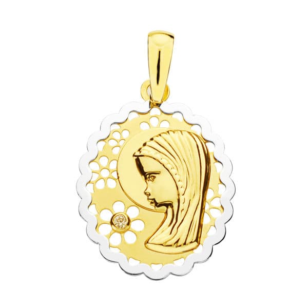 Médaille Or Jaune 18K Vierge Fille Bicolore Ovale 21X16 mm