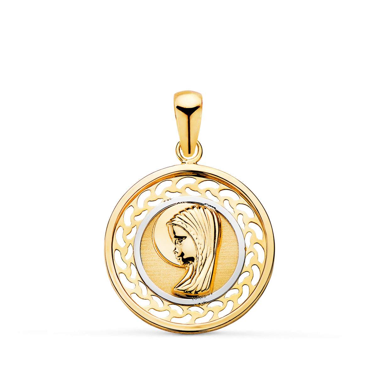 18K Two-tone Gold Medal Virgin Girl Round Openwork Border Size: 17 mm