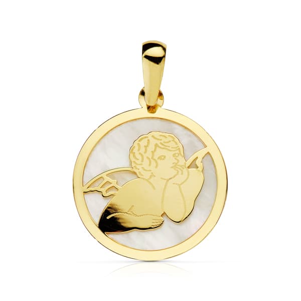 Pendentif Ange Nacar Rond Or Jaune 18K 17 mm