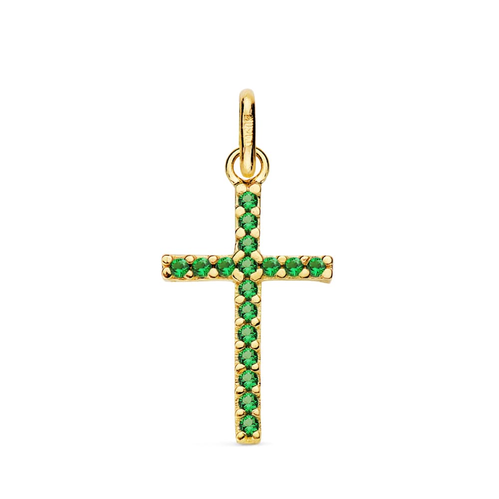 Croix en Or Jaune 18K avec Pierres en Zircone Verte Taille : 18X10 mm
