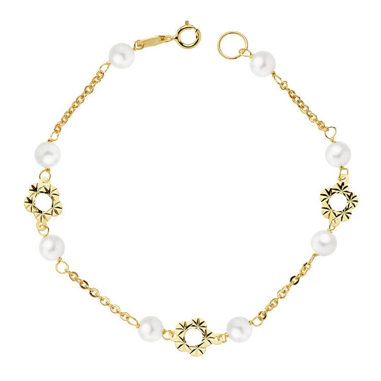 18K イエロー ゴールド ブレスレット フラワー アンド パール 5 mm 18 Cm