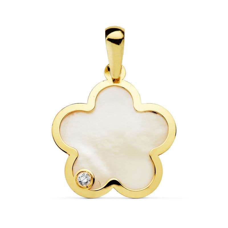 18K gult guld hänge Pärlemor blomma zirkon 17X17 mm