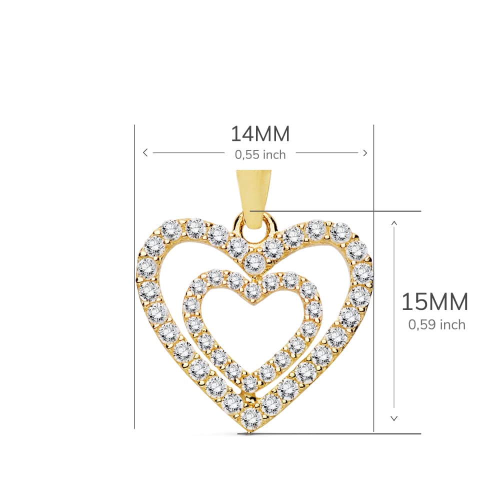 Anhänger aus 18-karätigem Gelbgold, Zirkon-Herzen, 15 x 14 mm