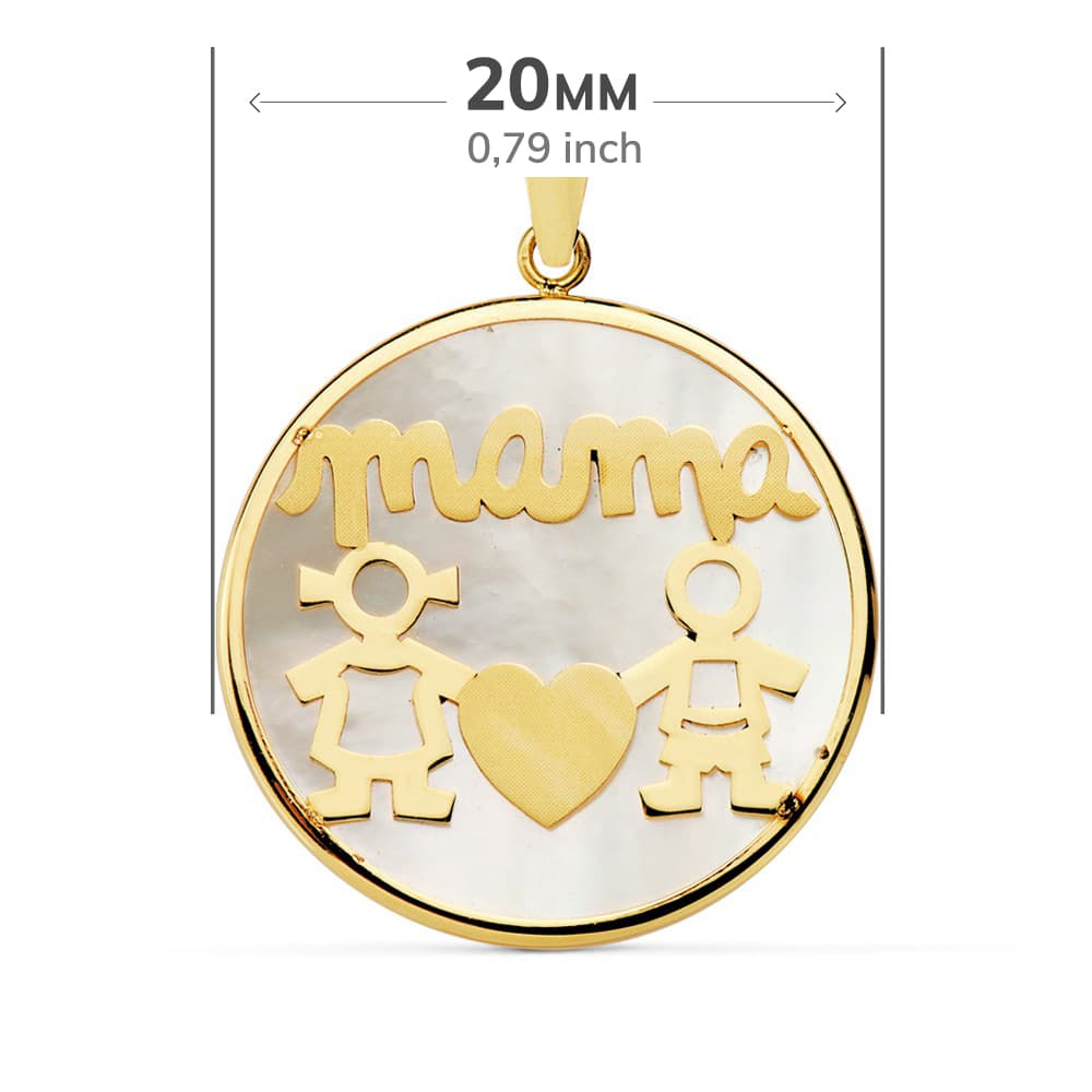 18K Pendentif Or Jaune "mama" Enfants Nacre 20MM