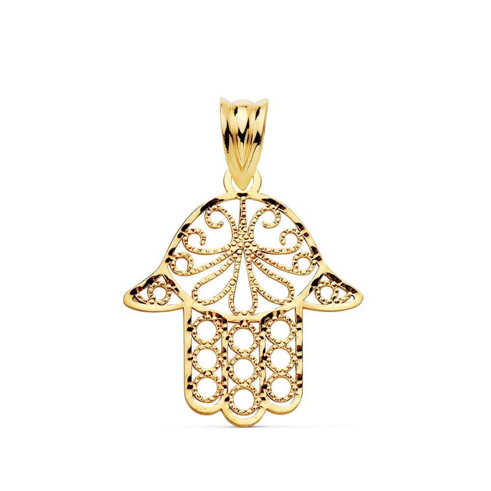 Pendentif en Or Jaune 9K Main de Fatima Sculptée Taille : 20 X 18 mm