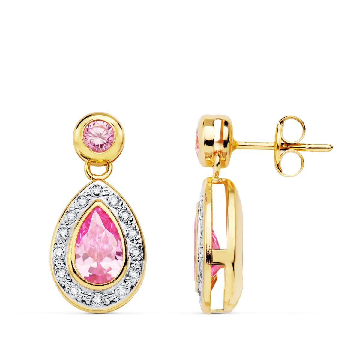18K Two-tone Gold Earrings Pink Stones 19 X 9 mm Butterfly Push Clasp