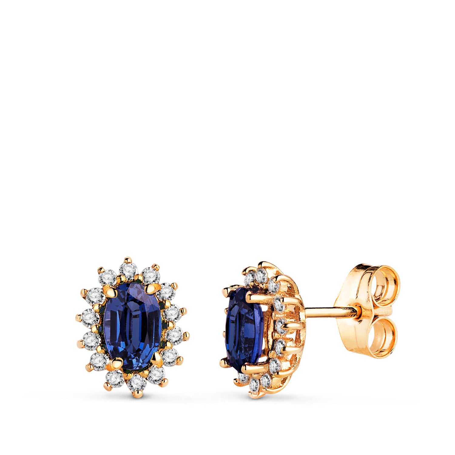 Náušnice ze žlutého 18K zlata Safír 6X4 mm 1,24 Ct a 28 laboratorních diamantů 0,280 Ct VS2-G 9,5X8 mm zapínání na puzetu