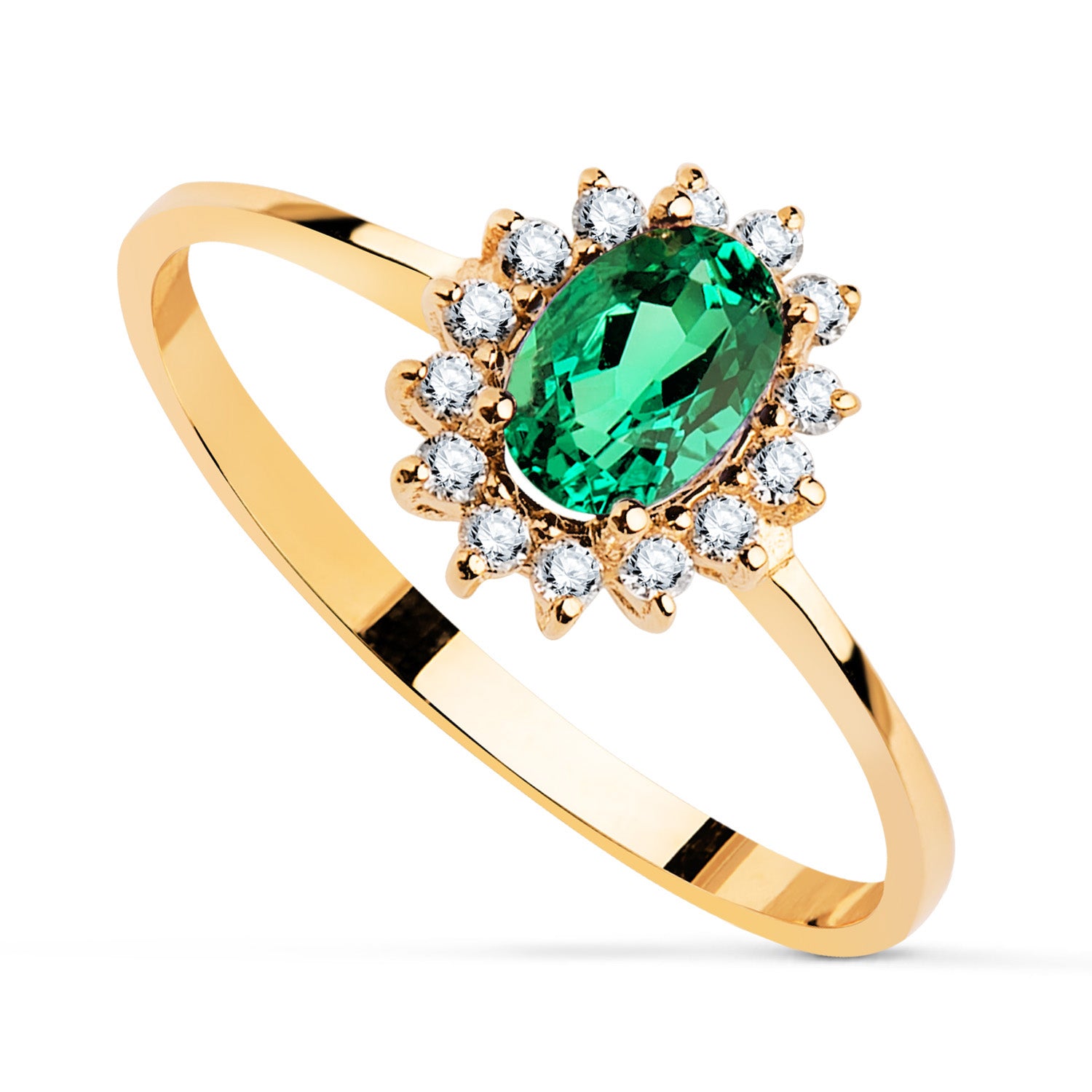18K gul guldring Smaragd 6X4MM 0,39 Cts Diamanter 0,140 Cts VS2-G 9,5X8 mm
