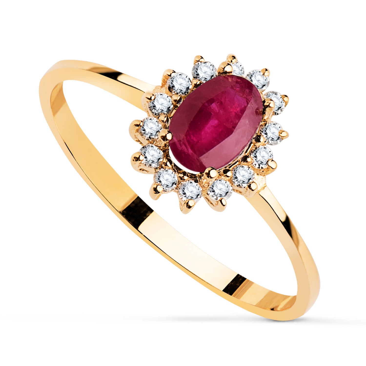 Ruby 18K gul guldring 6X4 mm 0,55 Qts Laboratoriediamanter 0,140 Qts VS2-G Størrelse: 9,5X8 mm