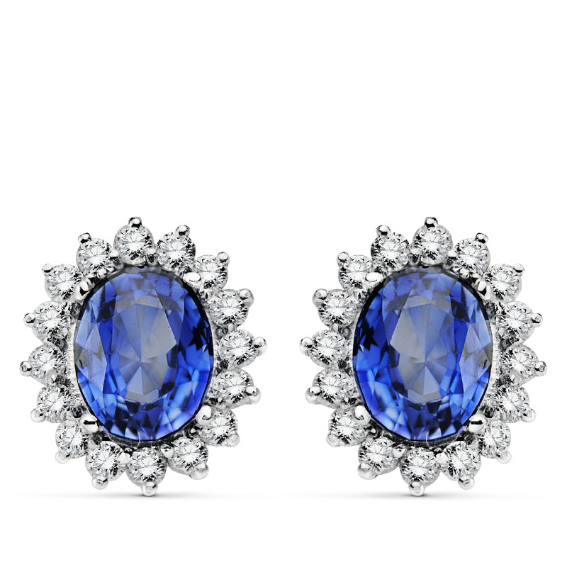 18K Dikdörtgen Safir Küpe 9X7 mm 4,94 Cts 32 Lab Pırlanta VS2-G 1,12 Cts Omega Toka 14X12,5 mm