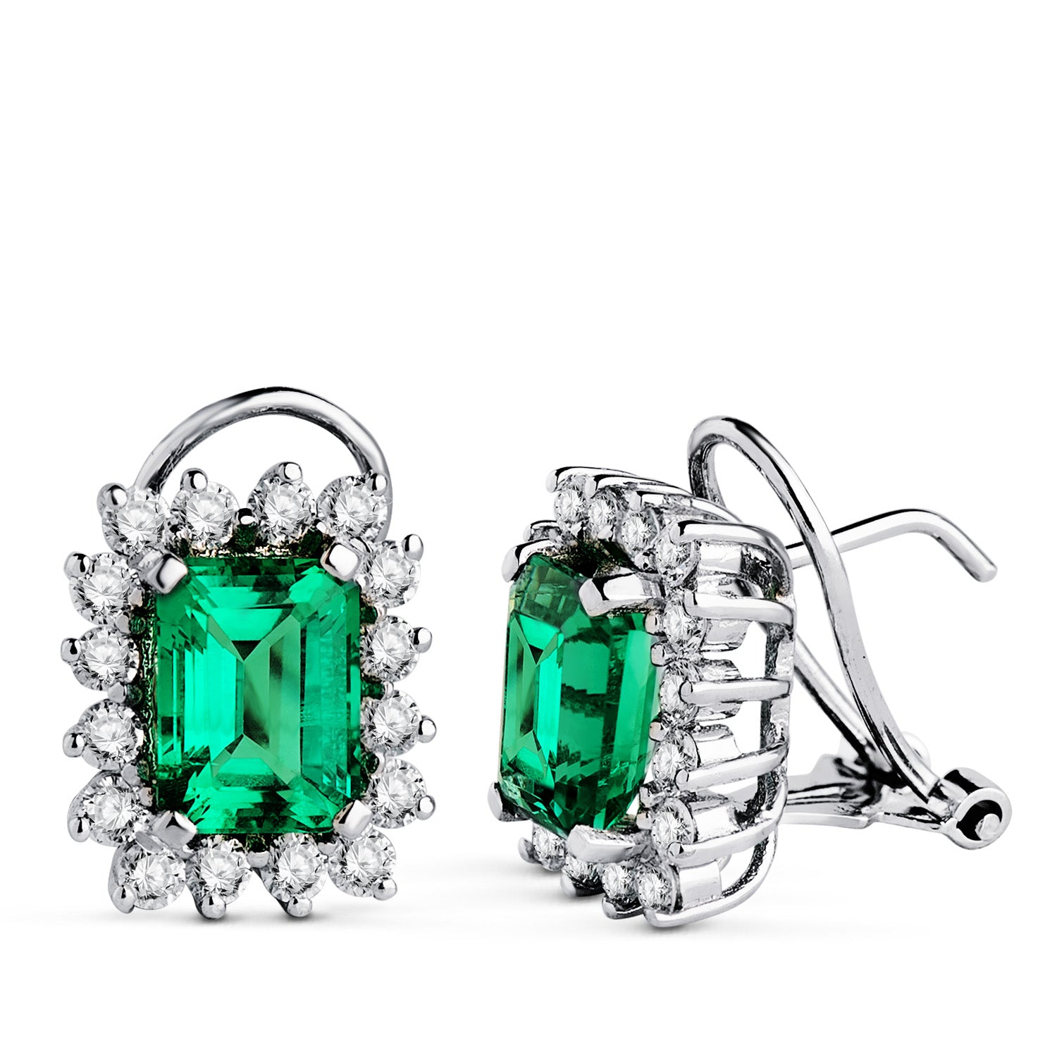 Boucles d'oreilles en Or Blanc 18K 32 Lab VS2-G 1.12 Ct Diamants et Émeraudes 8X6 mm 3.00 Ct 13X11 mm Fermoir Omega