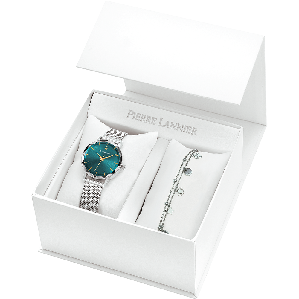 Montre femme Pierre Lannier MULTIPLES 179F671 – cadran vert bracelet acier milanais argenté – vue de face