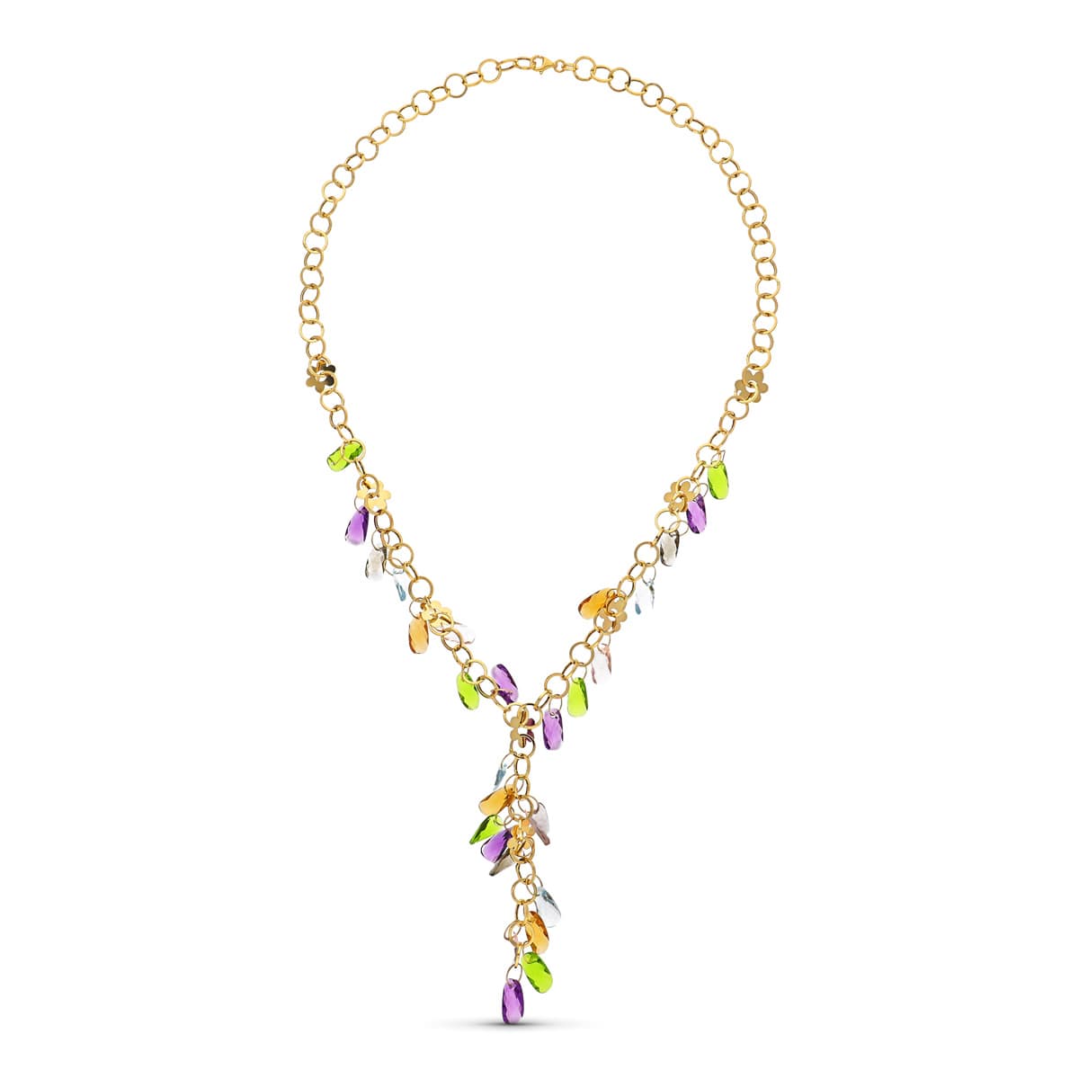 18 K gult guld blomma och färgad sten halsband