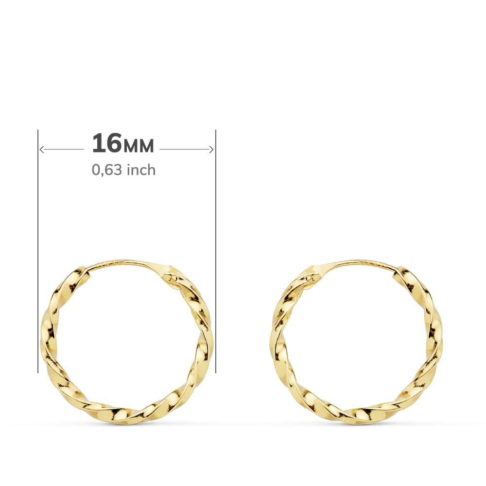 18 K gult gull Twisted Hollow Hoop øredobber. 16X1,50 M.