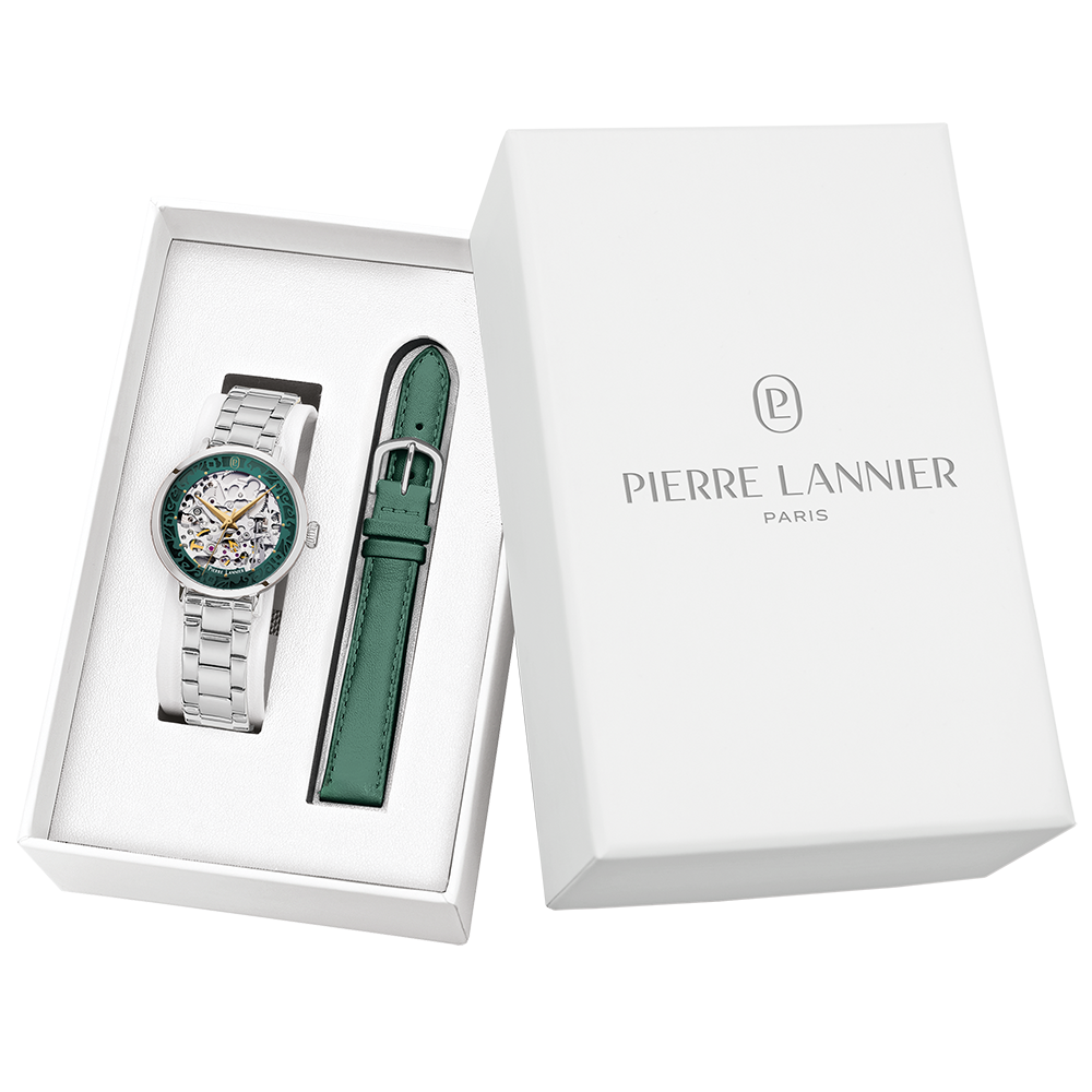 Montre femme Pierre Lannier AUTOMATIC 181F671 – cadran vert bracelet acier argenté – vue de face