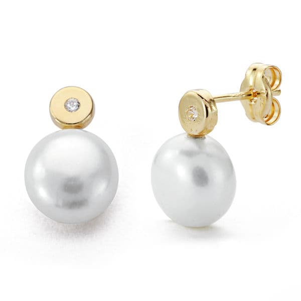 9K Boucles d'oreilles en Or Jaune et Perle. 12X8 mm Fermoir Poussettes Papillon