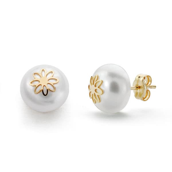 Pendientes Flor De Perlas Oro Amarillo 18K Cierre Mariposa 9 mm