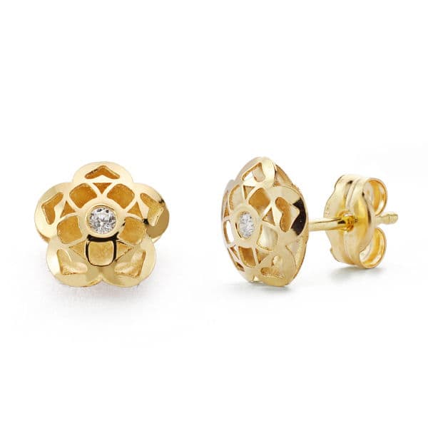 Boucles d'oreilles Fleur Or Jaune 9K 7X7 mm Fermoir Poussettes Papillon