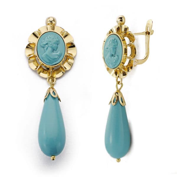 Boucles d'oreilles Camée Turquoise Or Jaune 18K 43X14 mm Fermoir Catalan