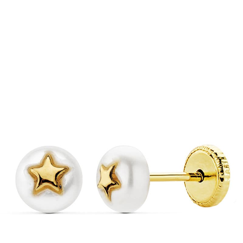 Pendientes de Oro Amarillo de 18K con Perlas y Estrellas de 5MM Cierre de Rosca