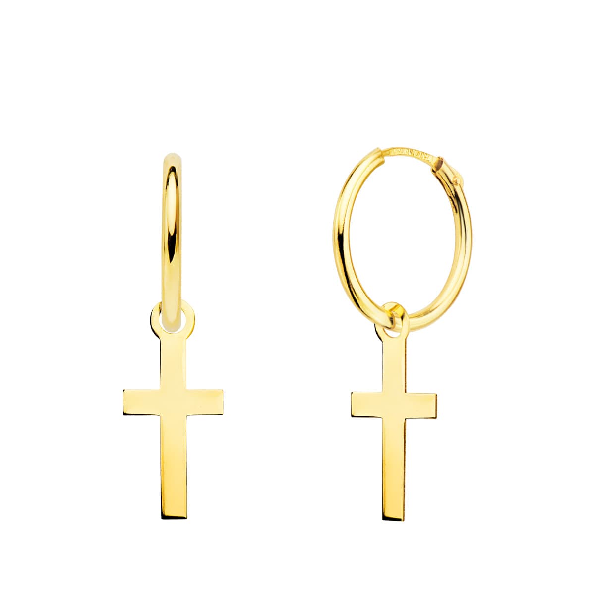 18K Yellow Gold Tube Earrings with Smooth Cross 12X6 mm Hoop 12X15 mm