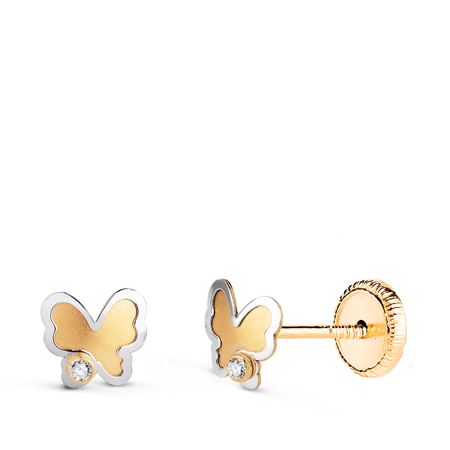 Kolczyki w kształcie motyla z 18-karatowego dwukolorowego złota z syntetycznymi cyrkoniami. Wymiary: 5,2 x 5 mm. Zapięcie śrubowe.