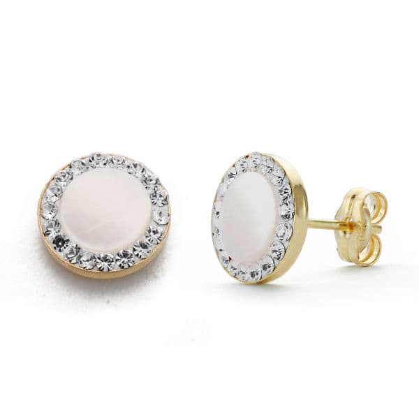 9K Boucles d'oreilles en Or Jaune et Nacre. Zircons. 8 mm Fermoir Poussettes.