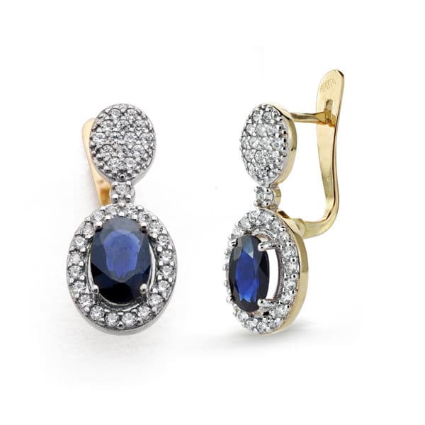 9K 124 Qt Two-tone Gold Earrings Blue Sapphire and Zircon 18X8 mm Catalan Clasp