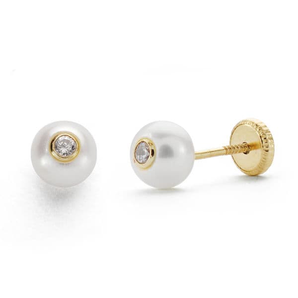 Boucles d'oreilles Or Jaune 18K Perle 5 mm Zirconia Fermoir a Vis