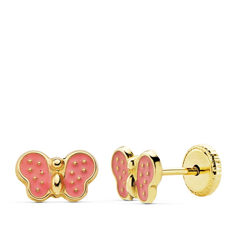 Boucles d'oreilles Papillon en Émail Rose 18K 7 X 5MM Fermoir a Vis