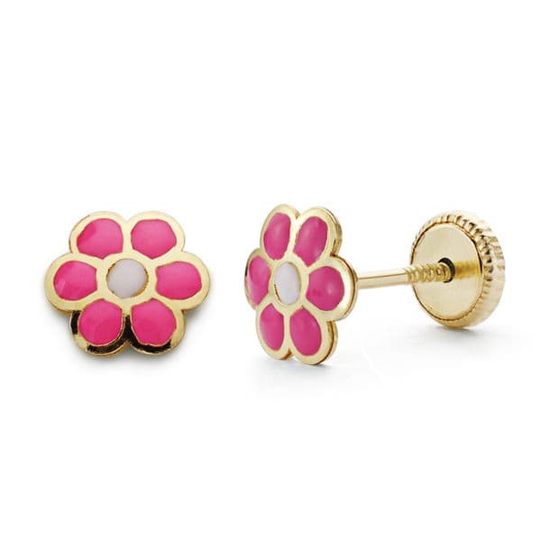 18K Boucles d'oreilles Puces en Or Jaune Marguerite Rose. 6X6 mm Fermoir a Vis