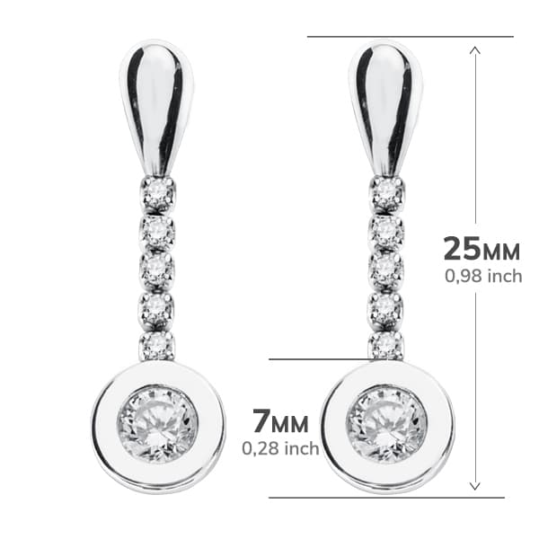9K Boucles d'oreilles en Or Blanc et Zircons. 25X7 mm Fermoir Poussettes