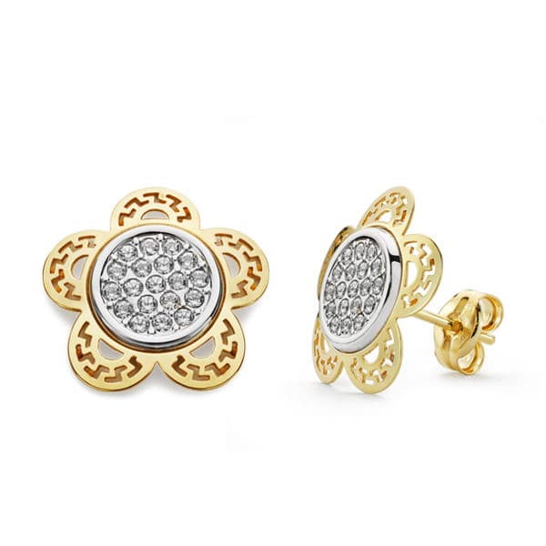 18K tofarget blomsterøredobber i gull 12 X 12 mm Butterfly Push lås
