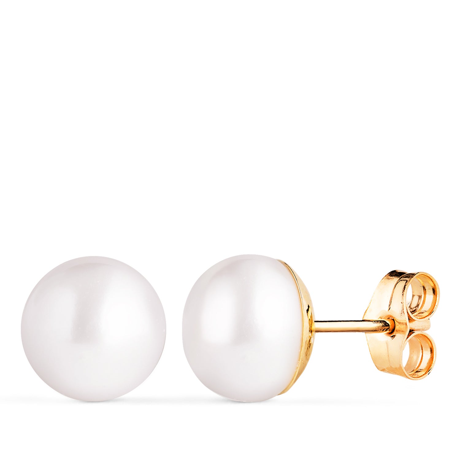 Boucles d'oreilles en Or Jaune 18K Perles Bouton 9-9,5 mm avec Capuchon Lisse et Fermoir à Pression