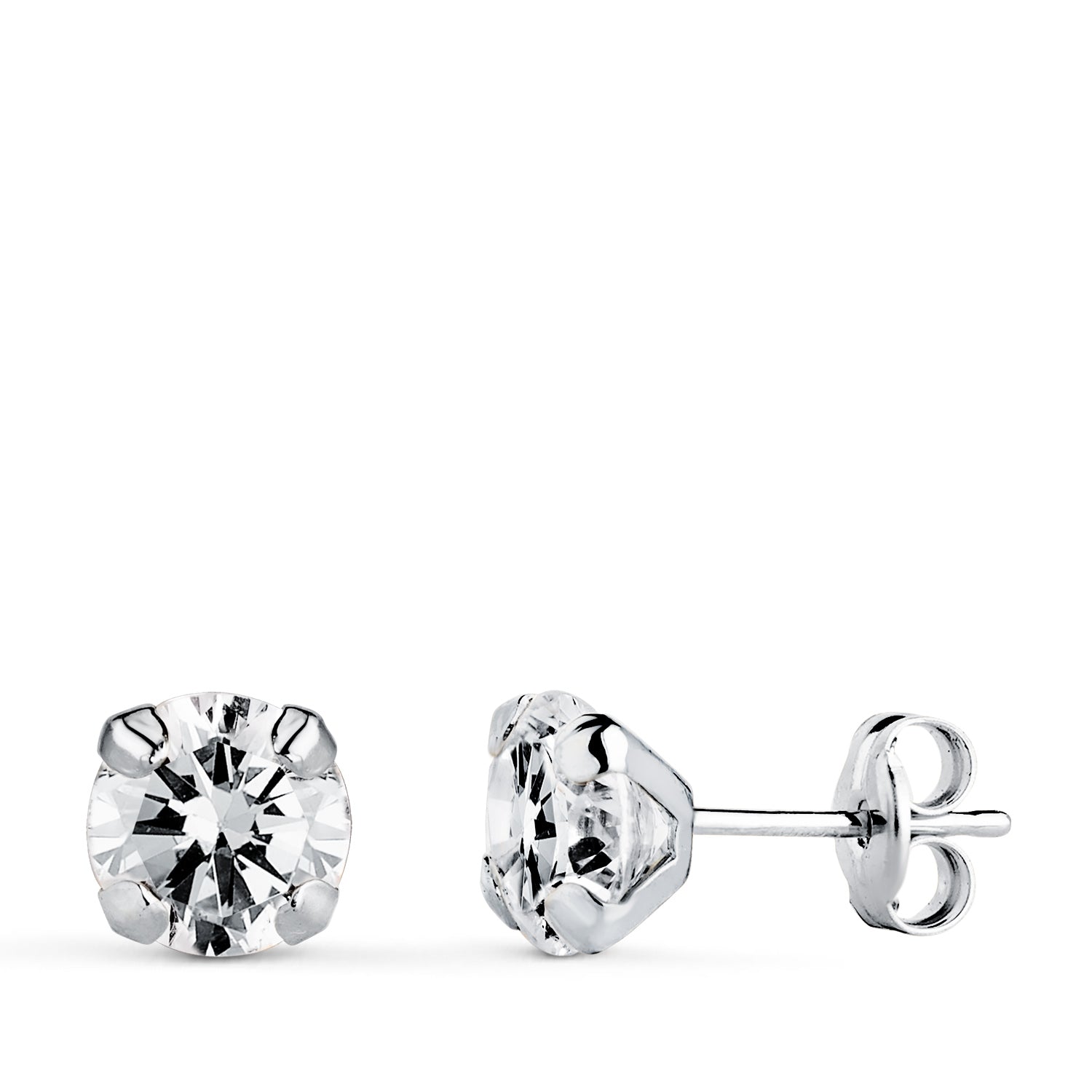Pendientes de Oro Blanco de 18 Quilates con Circonita, 4 Puntas - Dimensiones: 6 x 6 mm - Cierre a Presión