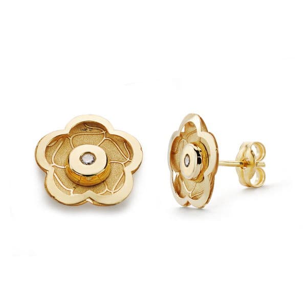 18K Boucles d'oreilles Or Jaune Fleur et Zircons 10 X 10 mm Fermoir Poussettes Papillon