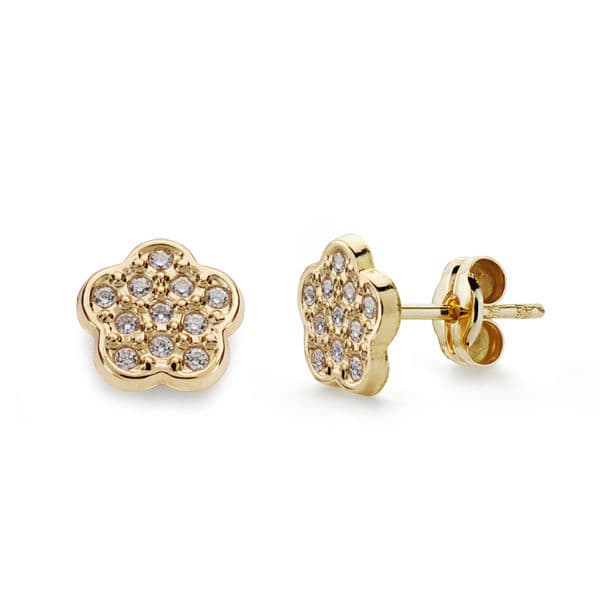 Pendientes Oro Amarillo 18K Flor y Circonitas Cierre Mariposa 7 X 7 mm