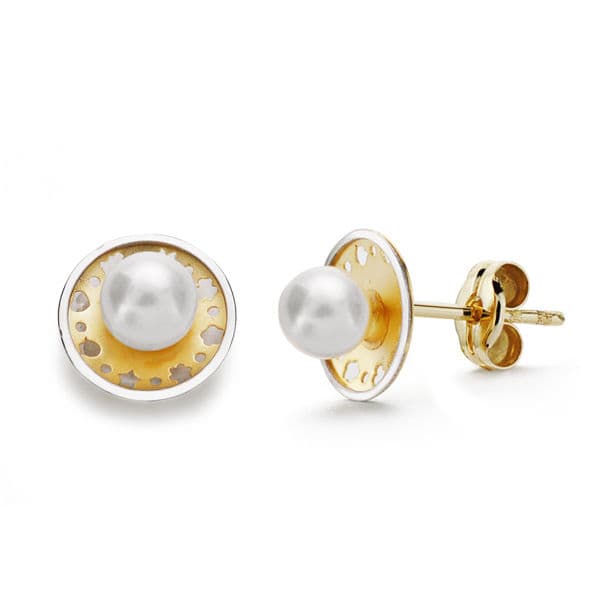 Cercei rotunji din aur bicolor de 18K și perle de 8 mm Închidere cu șurub
