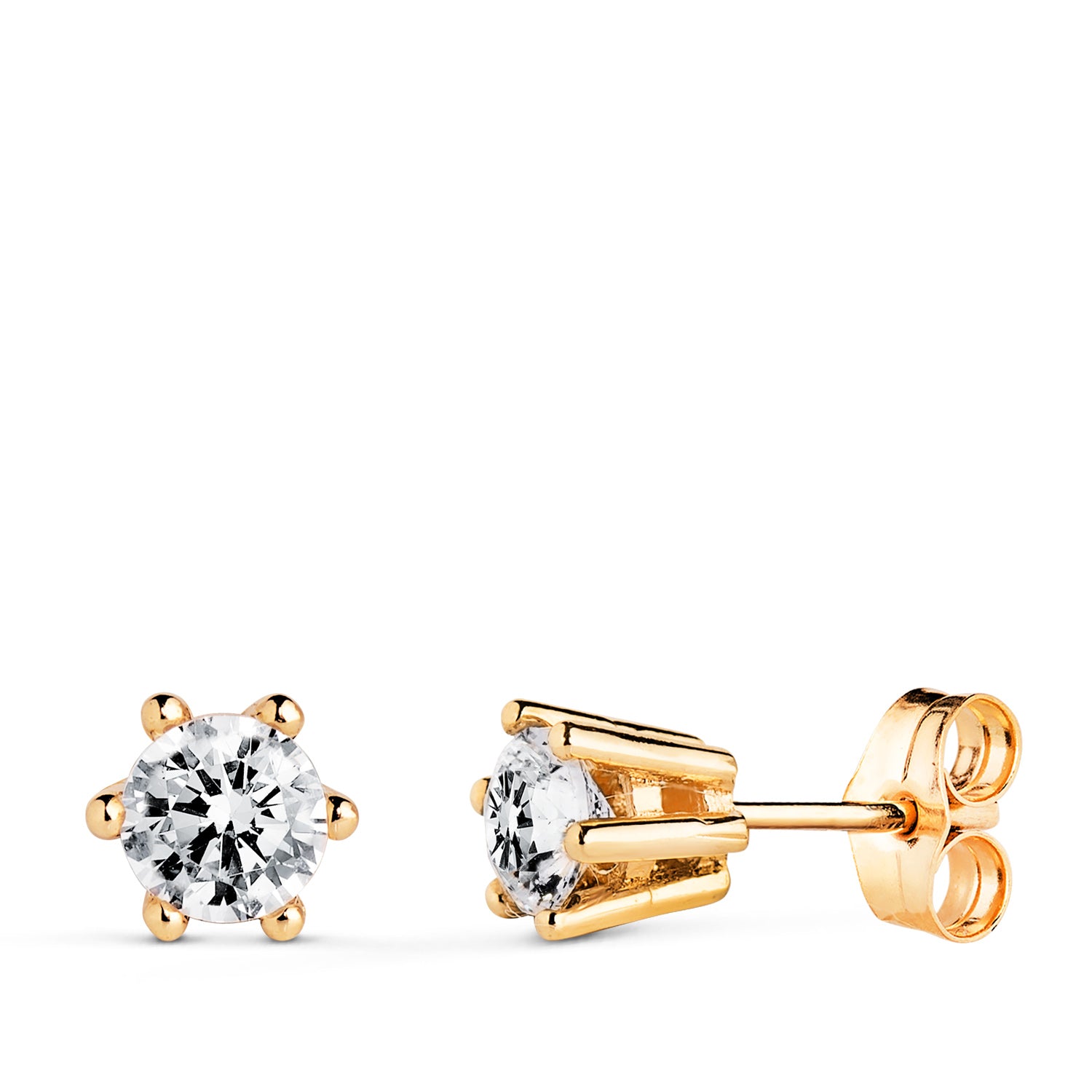 Pendientes en Oro Amarillo de 18 Quilates, 6 Puntas, con Circonitas Sintéticas. Dimensiones: 6,5 x 6 mm. Cierre de presión.