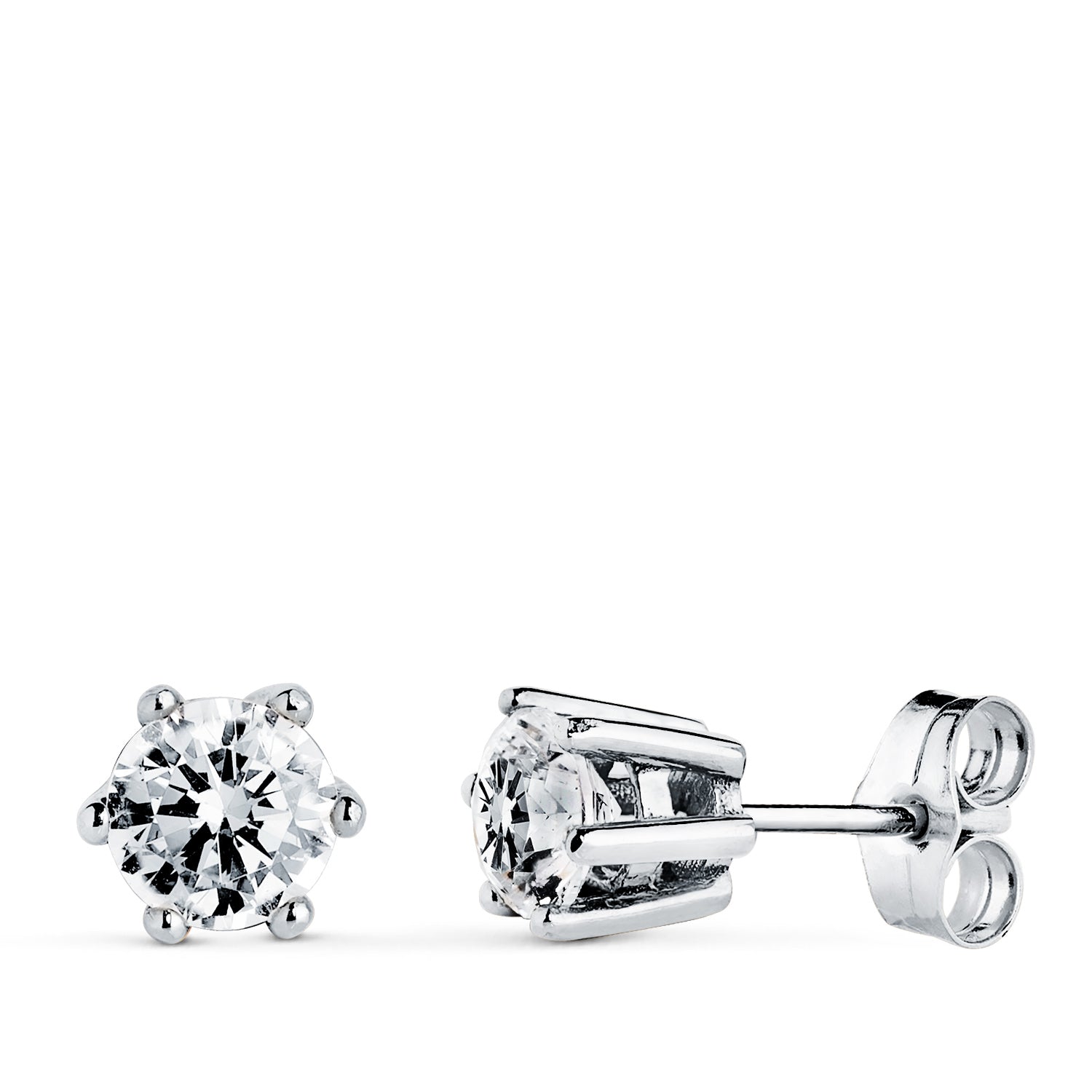 18 k White Gold 6-ágú fülbevaló cirkóniával. Méretek: 7 x 6,5 mm. Nyomókapocs.