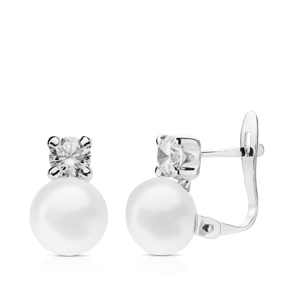 18K Boucles d'oreilles Or Blanc Perle et Zircon 11 X 6.5 mm Fermoir Catalan
